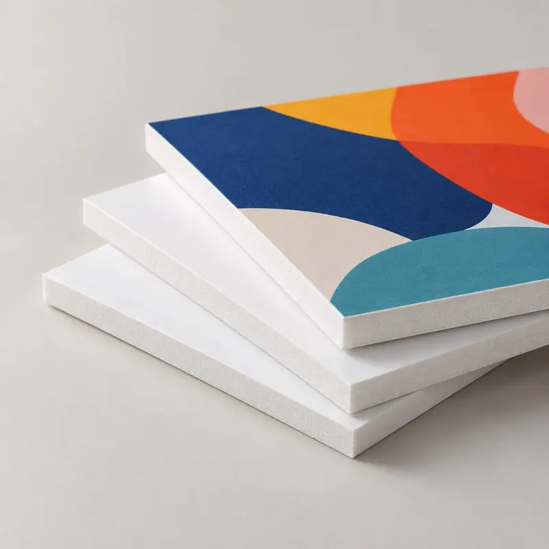 Planchas de celtex blanco apiladas, la de arriba impresa con formas de colores