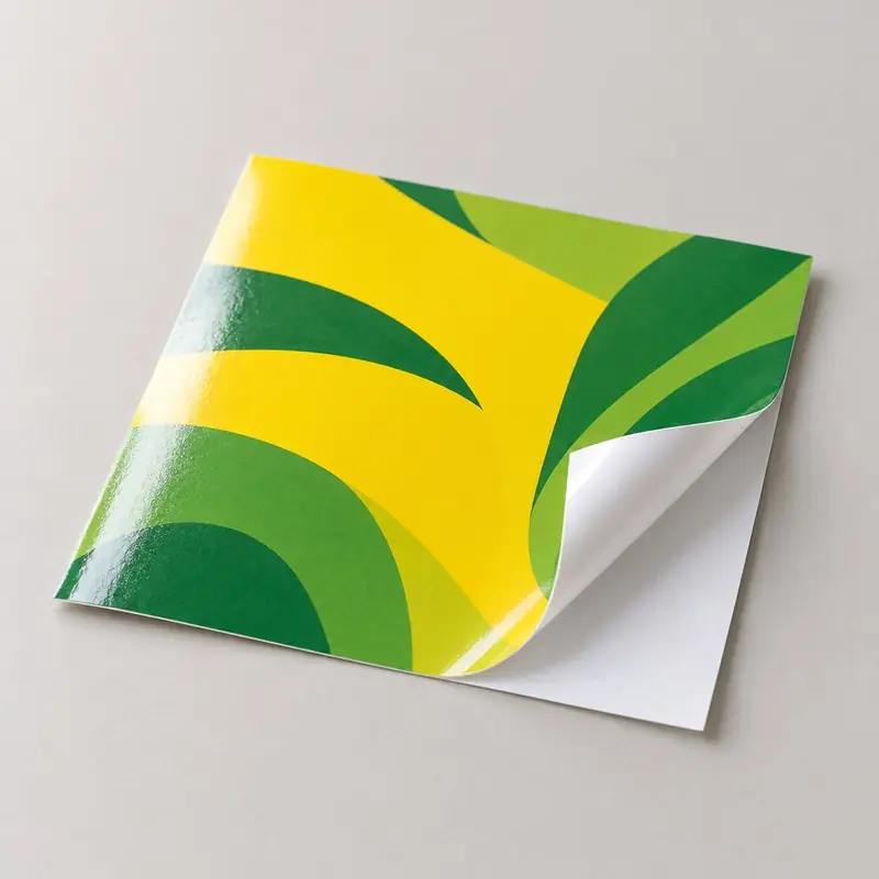 Lámina de vinilo adhesivo impreso en amarillo y verde con una esquina despegada del papel protector