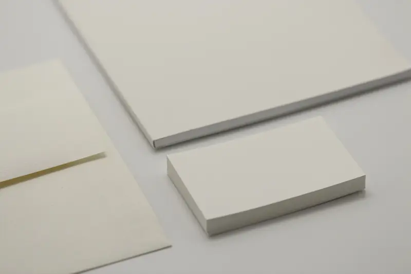 Hojas membretadas y tarjetas de presentación en blanco sobre una mesa